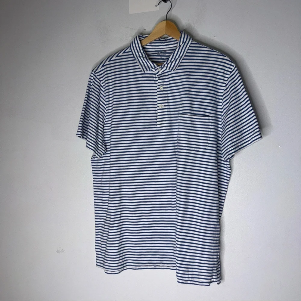 J Crew Men’s Blue White Stripe‎ Short Sleeve Polo Cotton Shirt XL